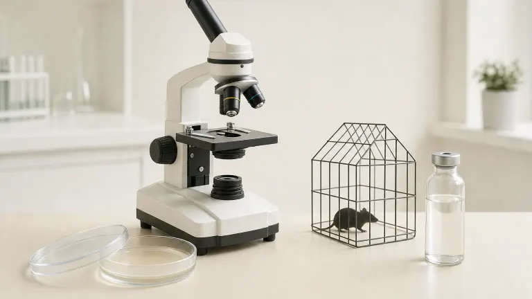 Microscope, petri dish and a small mouse cage outline beside a vial on a lab bench.
