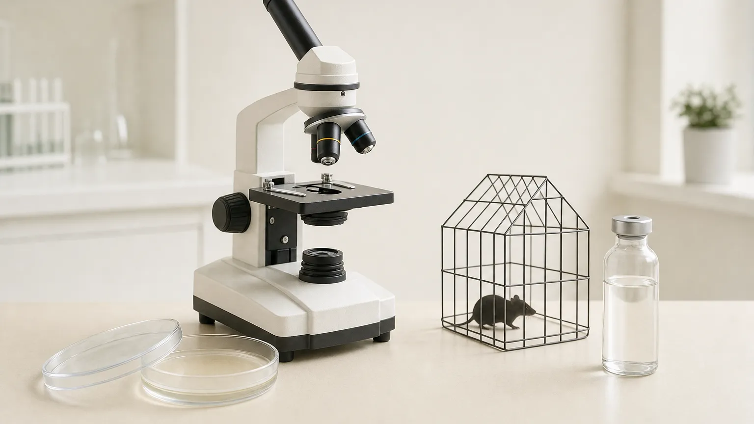 Microscope, petri dish and a small mouse cage outline beside a vial on a lab bench.