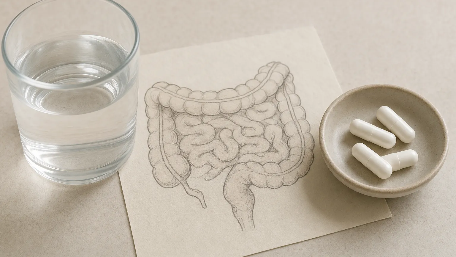 Plain capsules in a dish beside a simple drawing of the intestines and a glass of water.