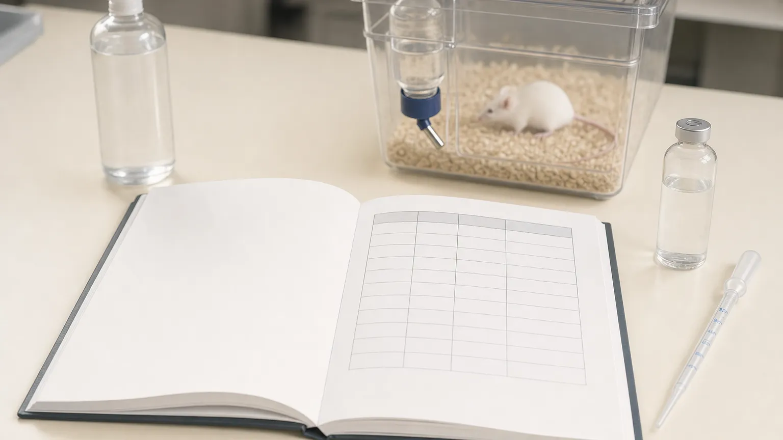 Lab notebook with an empty table beside a mouse water bottle, a small vial and a pipette.