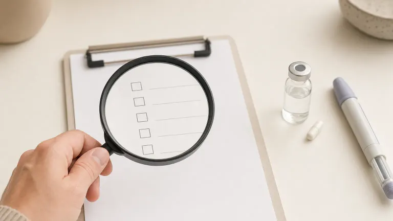 Magnifying glass over an empty checklist next to a small vial and a single capsule.