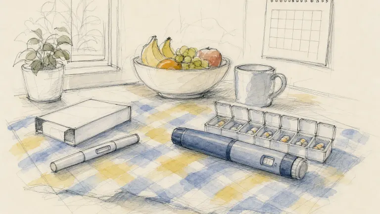Ink and watercolor sketch of two different capped injection pens on a checkered cloth beside a pill organizer and fruit.