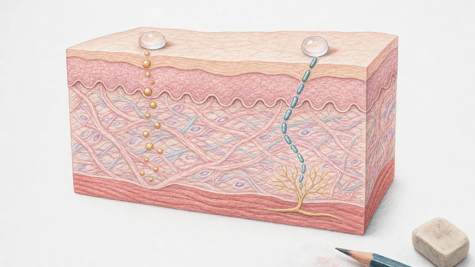 Colored-pencil cross-section of skin layers with two droplets aimed at collagen and a nerve ending