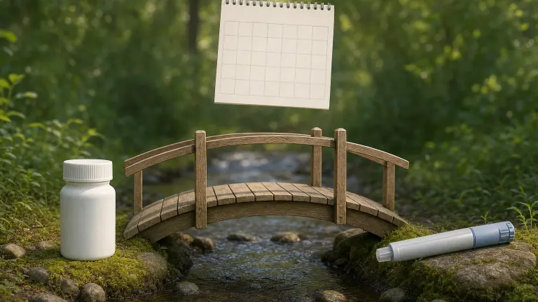 Footbridge over a stream linking a pill bottle and an injection pen, with a calendar page above.