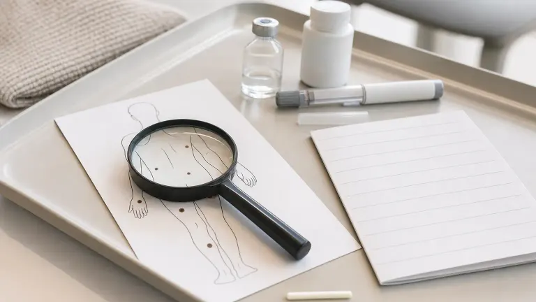 Clinic tray with a small implant rod, a magnifying glass over a body map and a blank leaflet.