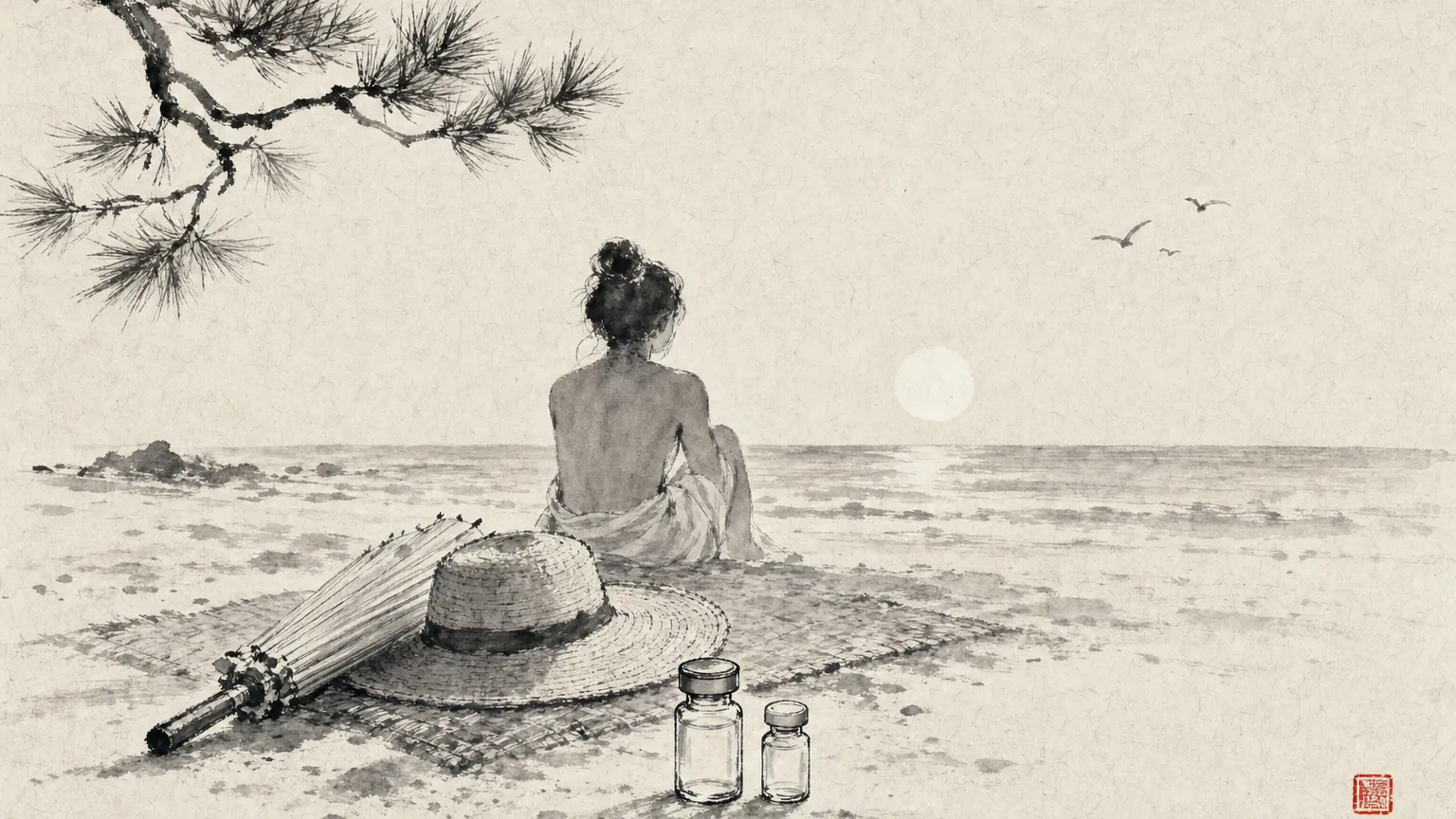 Ink wash painting of two vials on sand beside a sun hat and parasol, with a person facing the sea.