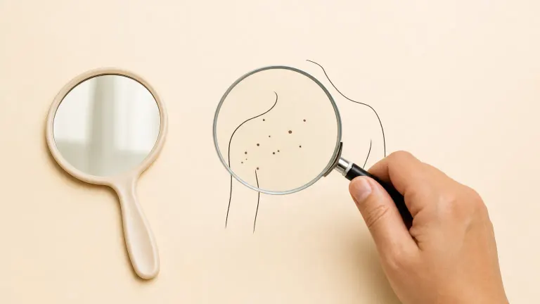 Magnifying glass over a simple shoulder outline with scattered dark dots, beside a hand mirror.