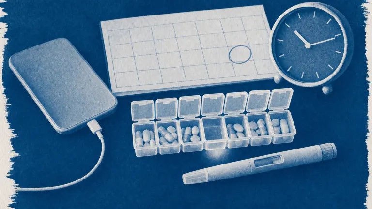 Cyanotype of a seven-day pill organizer with one empty slot, a capped pen, blank calendar, clock and face-down phone