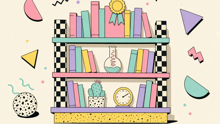 Memphis-style illustration of a pastel bookshelf of blank journals topped with an award ribbon, plus a flask.