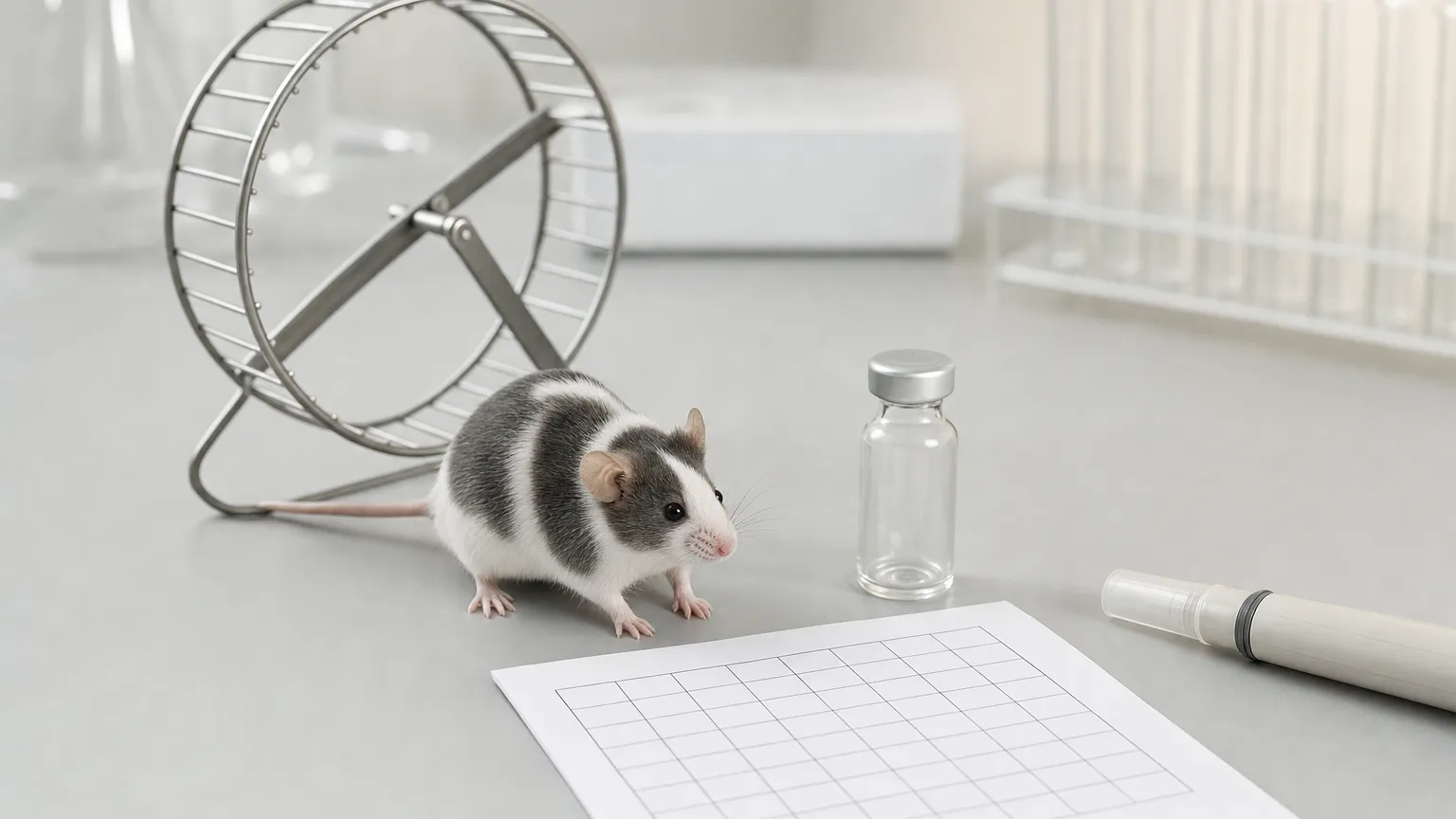 Lab mouse beside a running wheel with an empty vial and a blank chart on a bench.