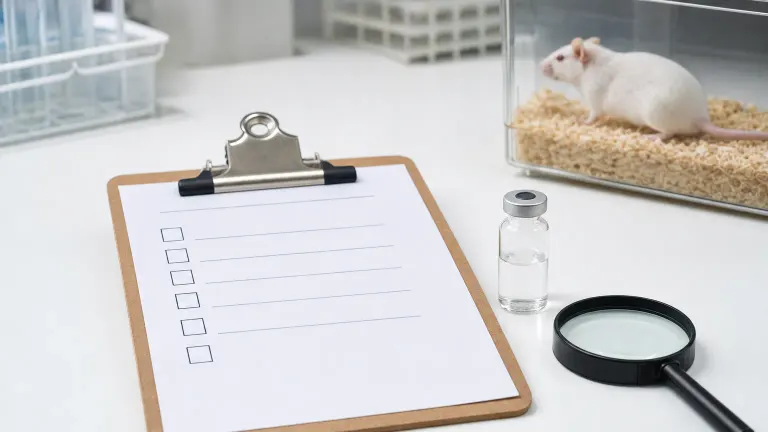 Small vial next to a blank symptom checklist, a magnifying glass and a lab mouse cage.