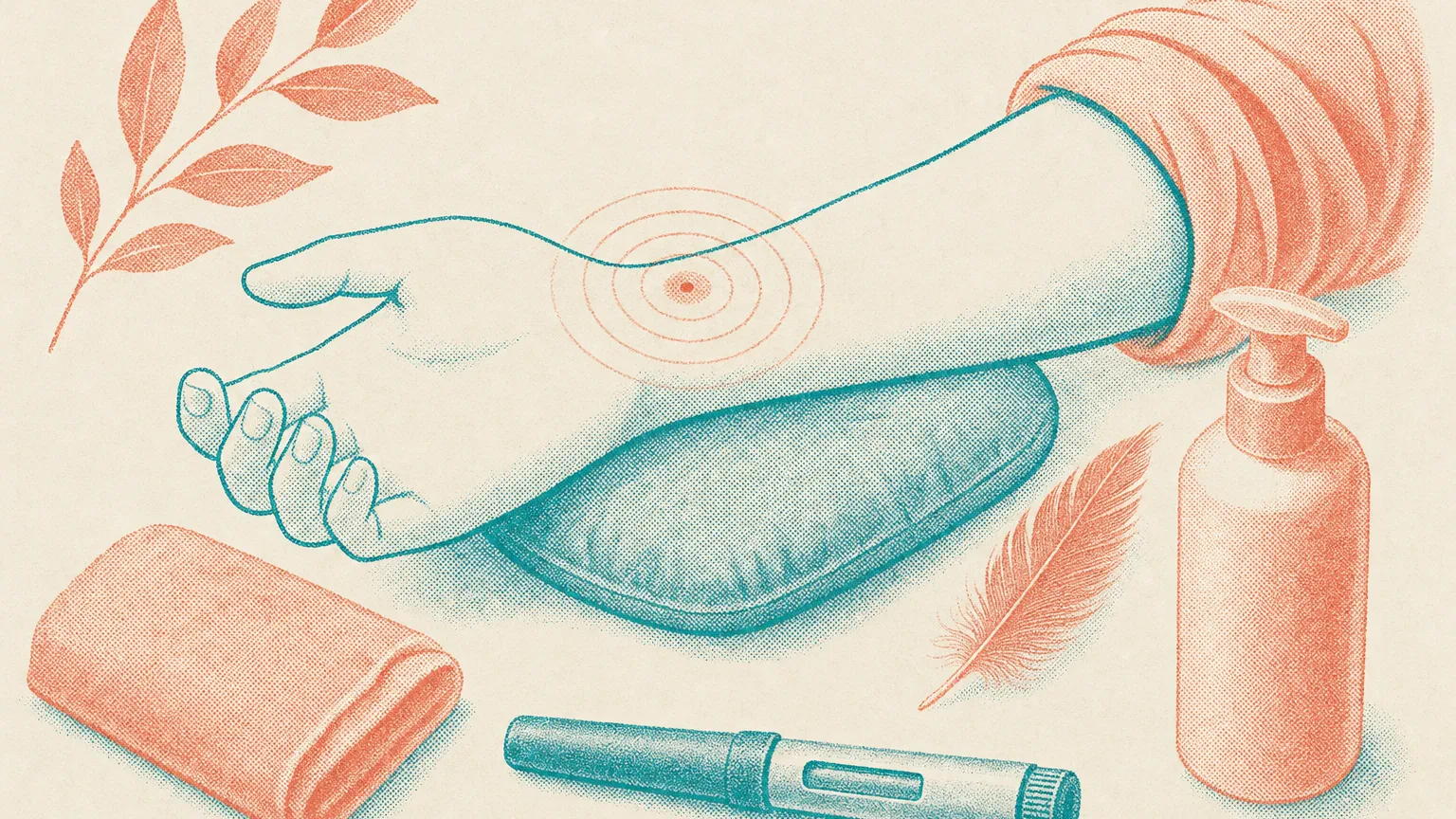 Illustration of a forearm with gentle ripples beside a feather, soft sleeve, lotion bottle and capped pen