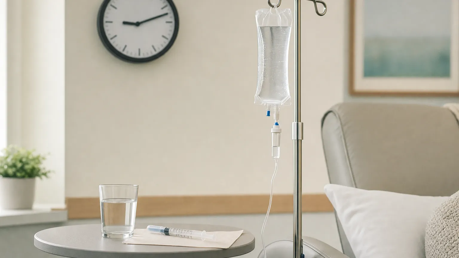 IV drip bag next to a reclining clinic chair, a small syringe, a glass of water and a wall clock.