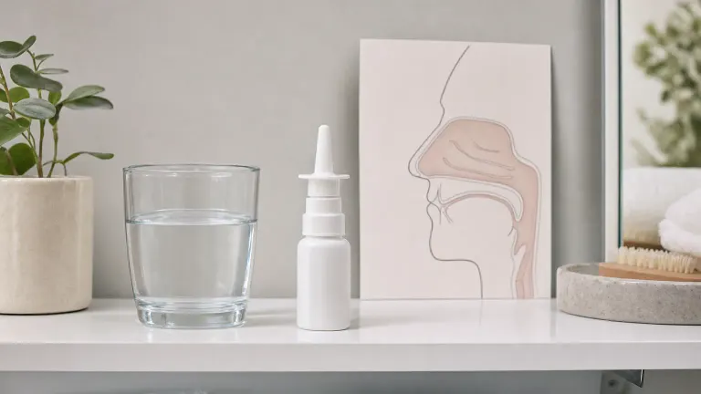 Unlabeled nasal spray bottle beside a glass of water and a simple nasal passage diagram card.