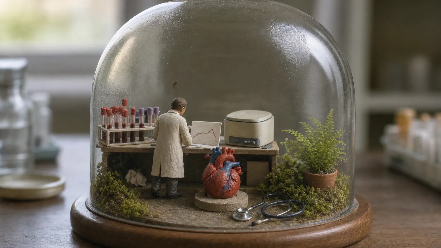 Miniature lab inside a glass cloche with blood tubes, a centrifuge, a graph and a clay heart model.