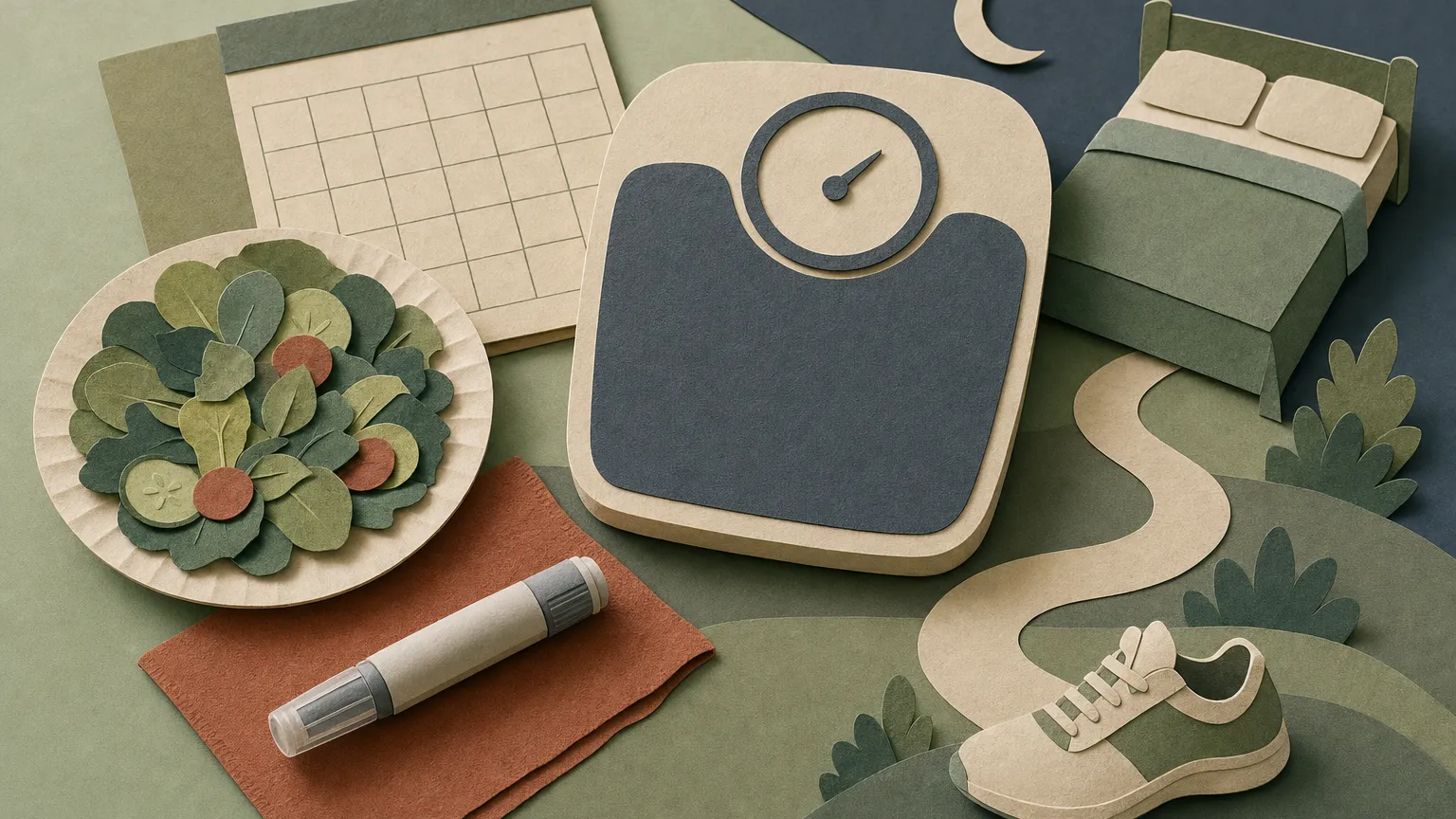Layered paper-cut scene of a scale, salad plate, capped injection pen, blank calendar and sneaker on a winding path.