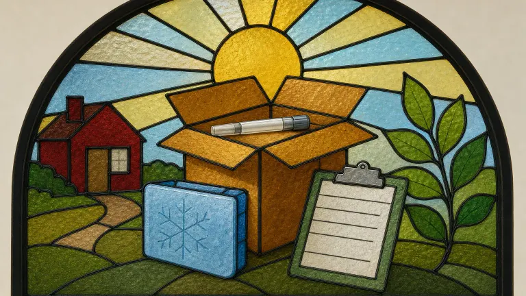 Stained-glass panel showing a delivery box, cold pack, clipboard and medication pen under a sun