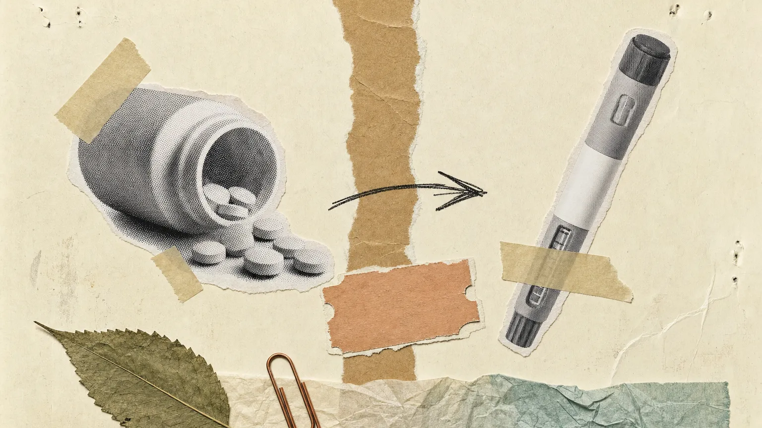 Torn-paper collage of a pill bottle with tablets on one side and a capped injection pen on the other.