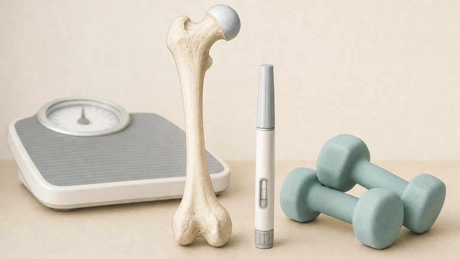 Illustrated thigh bone next to an injection pen, light hand weights and a bathroom scale.