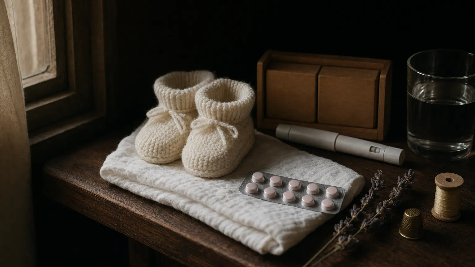 Baby booties on muslin beside a pill blister pack, a blank calendar block and a capped injection pen in window light.