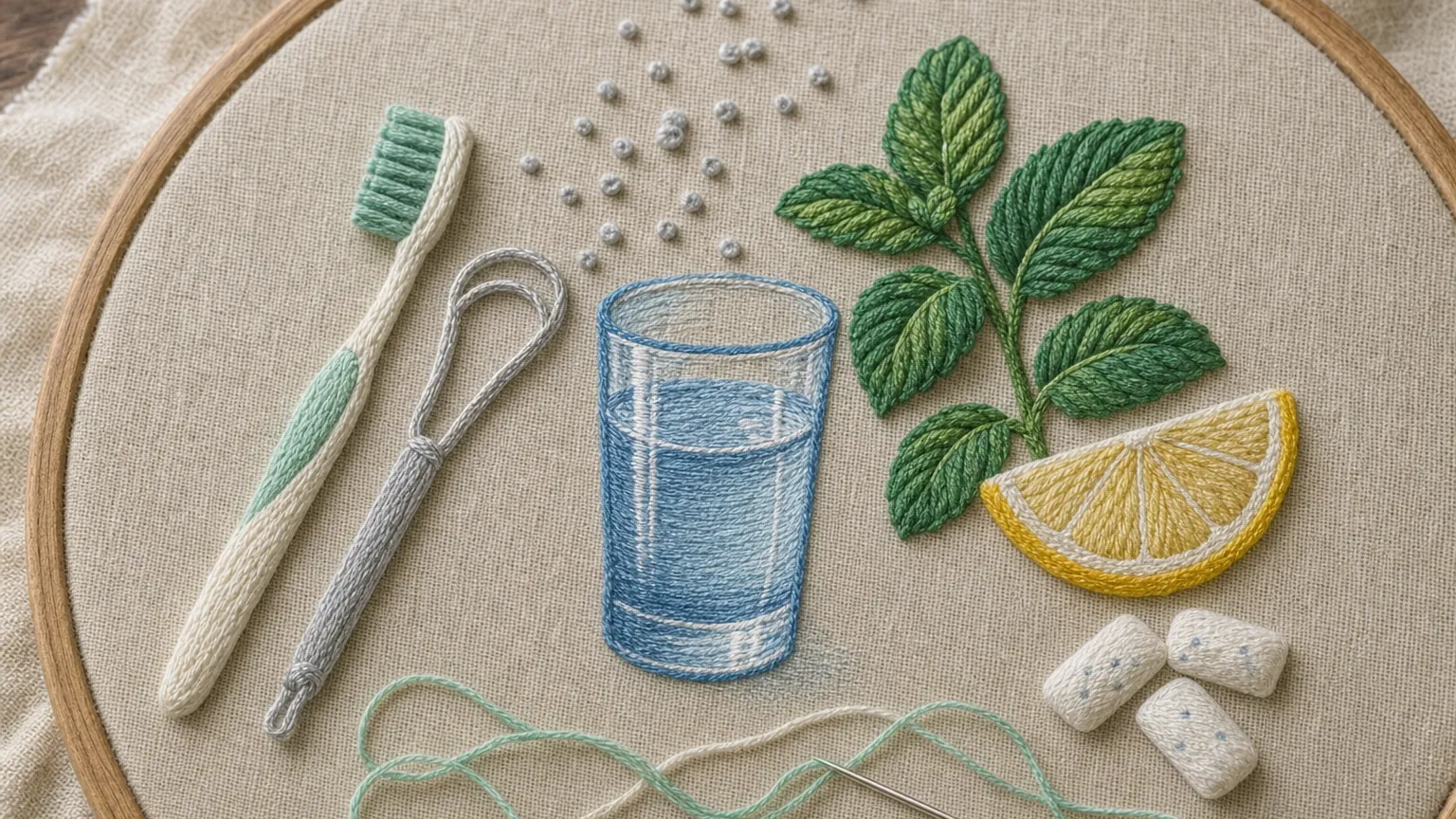Embroidered toothbrush, tongue scraper, water glass, mint sprig and lemon on linen inside a wooden hoop