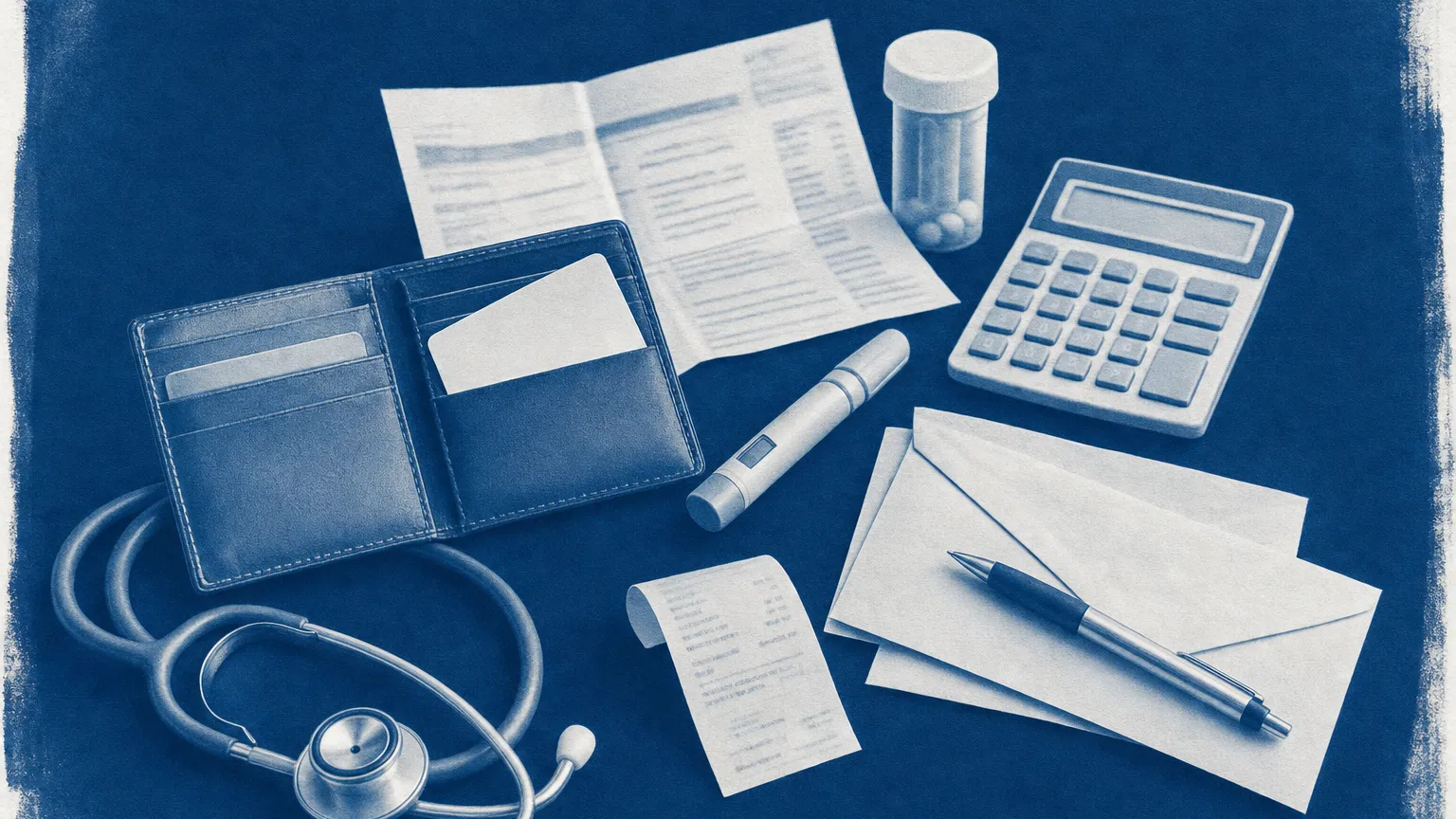 Cyanotype of an open wallet with a blank insurance card, receipt, envelopes, calculator, capped pen and stethoscope