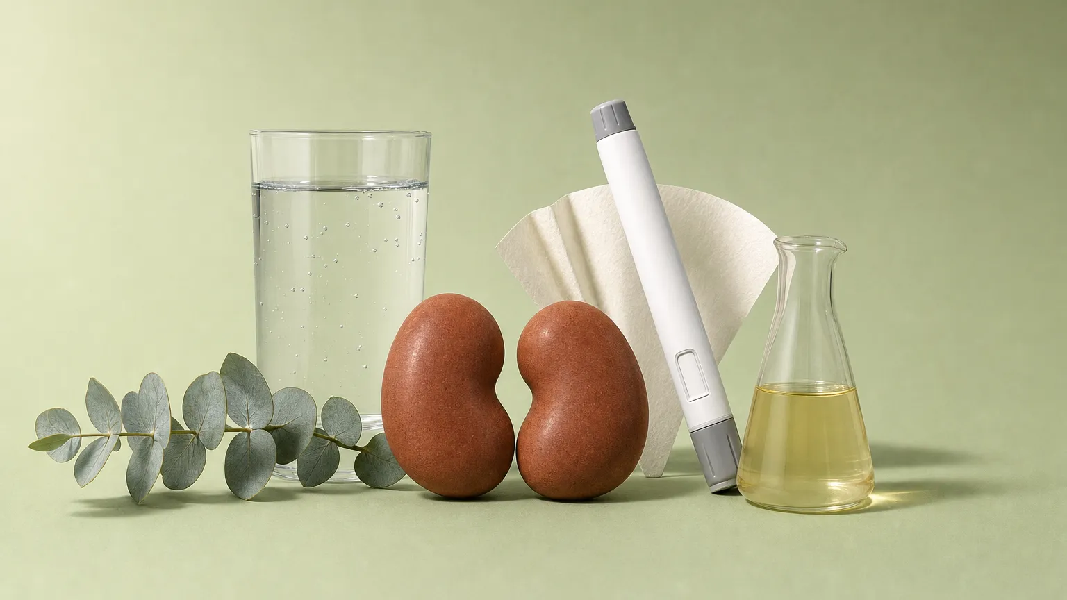 Two terracotta stones shaped like kidneys beside a water glass, a capped pen and a lab beaker on sage paper