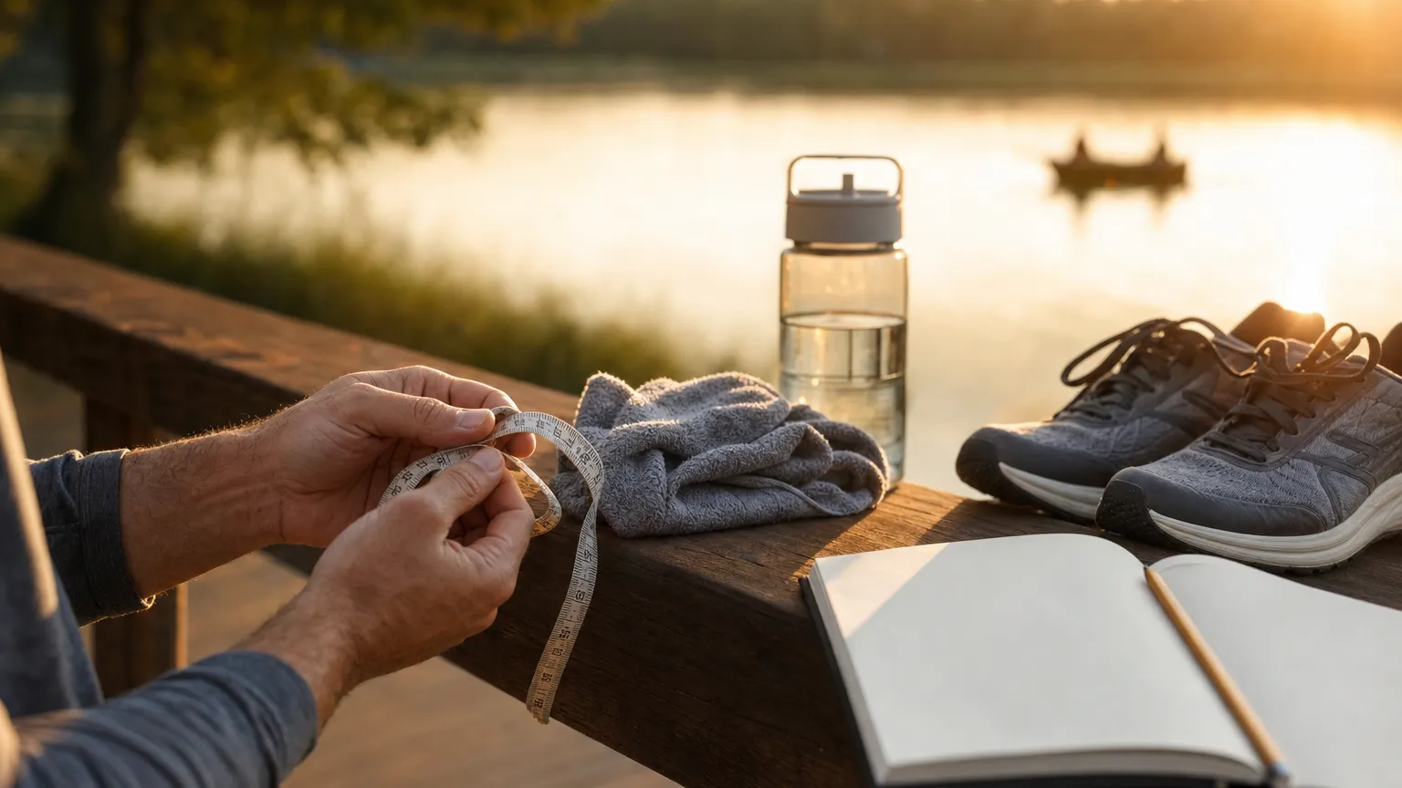 Hands holding a coiled tape measure over a lakeside railing beside a towel and running shoes.