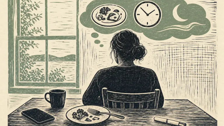 Linocut of a seated person from behind at a table, with a thought cloud of plate, clock, moon and wave