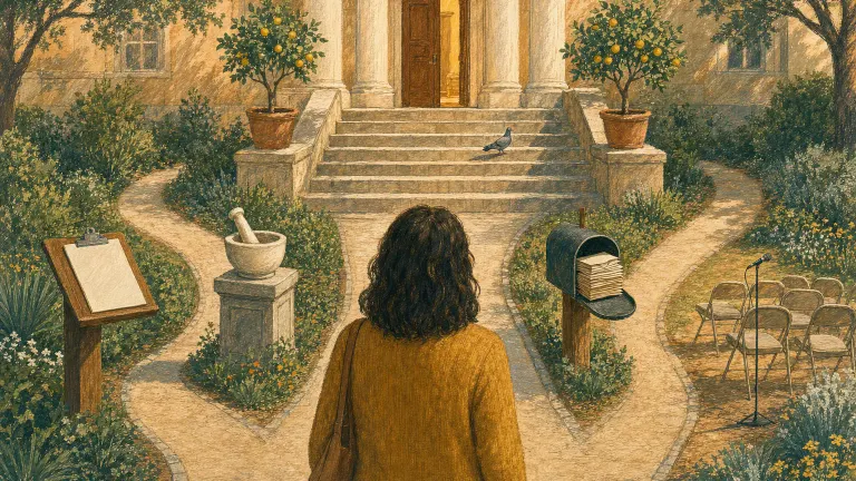 Gouache illustration of a person facing a columned building with four paths marked by a clipboard, mortar, mailbox and microphone.