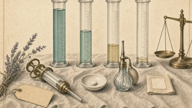 Vintage engraving of a syringe, pill, nasal atomizer and patch before four glass cylinders filled to different levels.