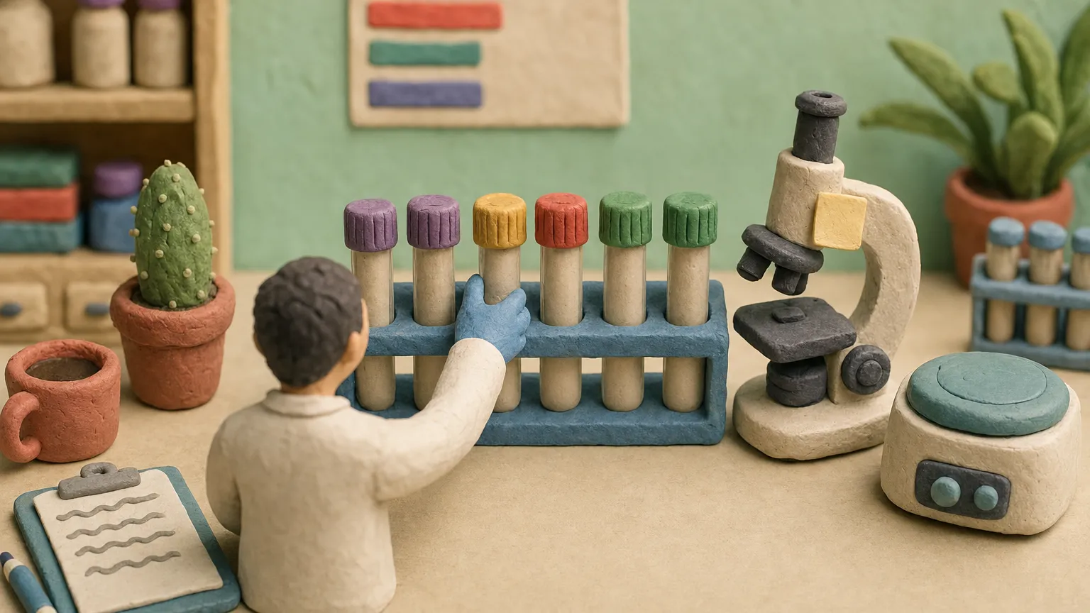 Claymation lab bench with a rack of sealed sample tubes, a microscope and a technician seen from behind.