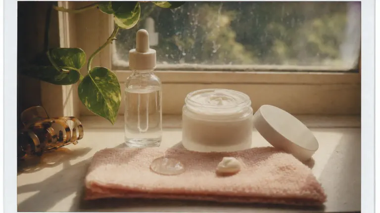 Polaroid photo of a dropper bottle and an open cream jar on a sunny bathroom windowsill