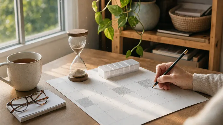 Hand shading alternating days on a blank calendar beside an hourglass, pill organizer and tea