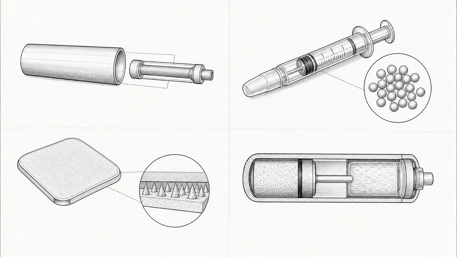 Patent-style ink drawing of an implant rod, depot syringe with microspheres, microneedle patch and miniature pump.