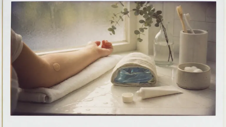 Instant photo of a forearm with a small bandage beside a wrapped cold pack and cotton balls