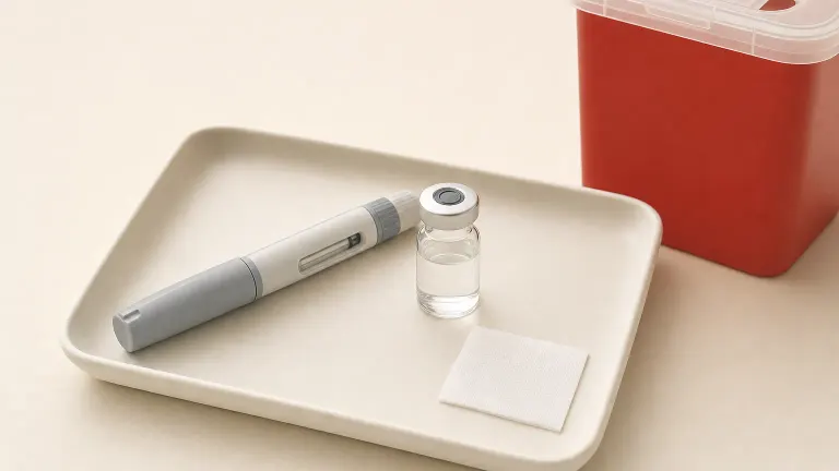Injection pen, small vial and alcohol swab on a tray beside a sharps disposal container.