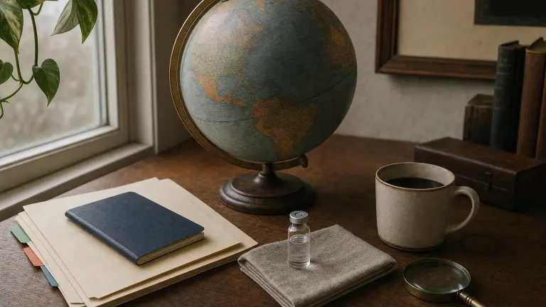 Desk by a window with a faded globe, closed passport, manila folders, small vial and magnifying glass.