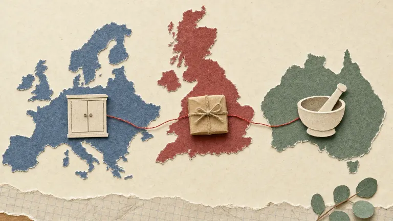 Torn-paper collage of three landmasses linked by red thread, each holding a pharmacy cabinet, parcel or mortar.