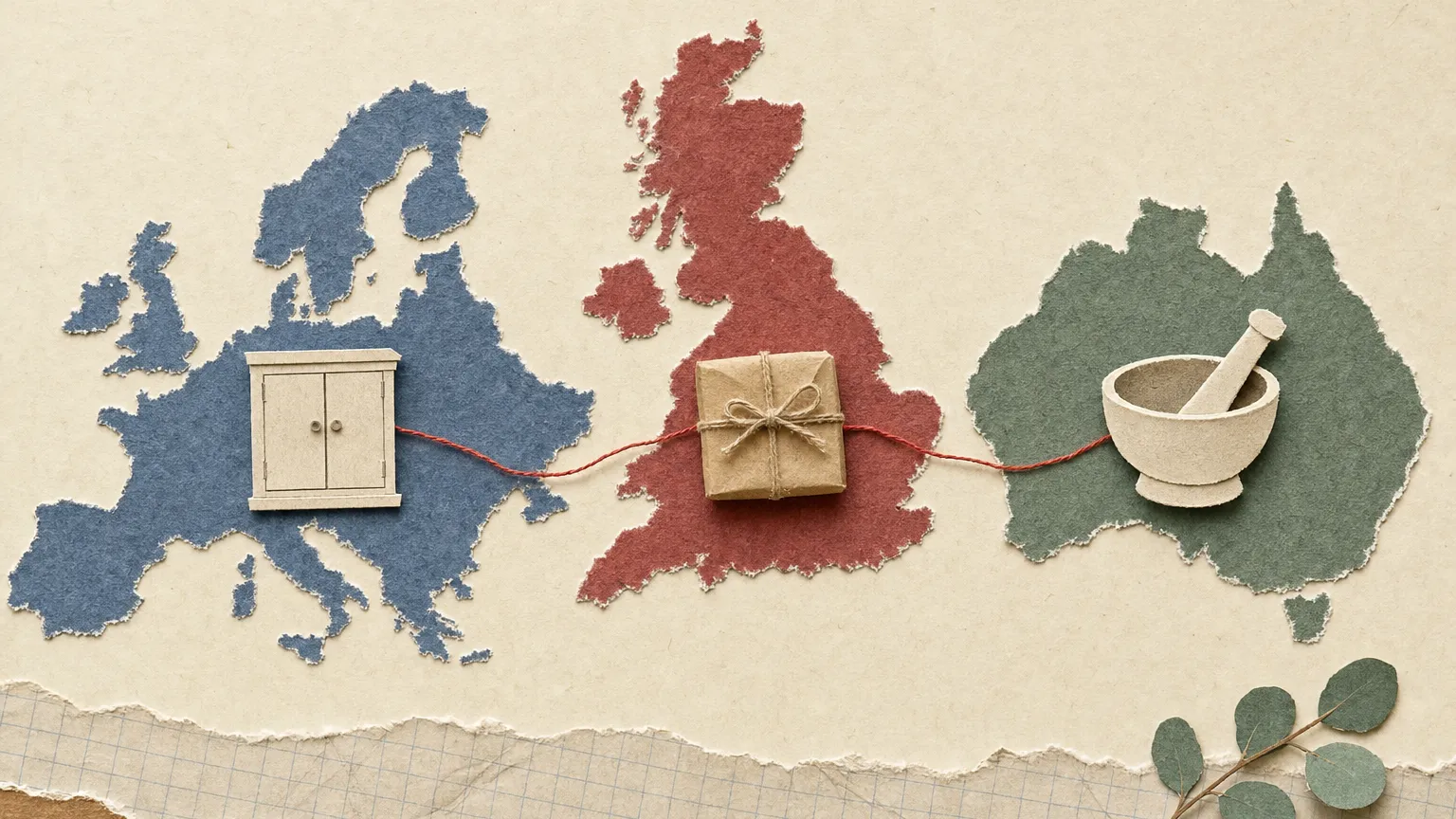 Torn-paper collage of three landmasses linked by red thread, each holding a pharmacy cabinet, parcel or mortar.