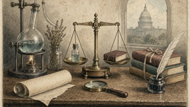 Tinted engraving of a lab bench with a flask, a balance holding a vial and a book, and law volumes.