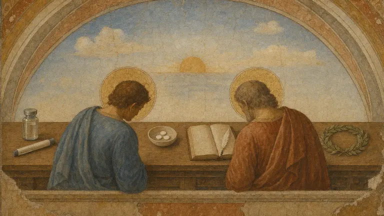 Fresco-style painting of a workbench with a vial, pen, tablets and ledger beneath an arched sky.