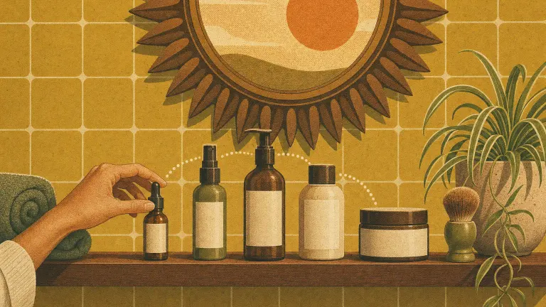 Retro screen print of skincare bottles lined up by size on a vanity under a sunburst mirror.