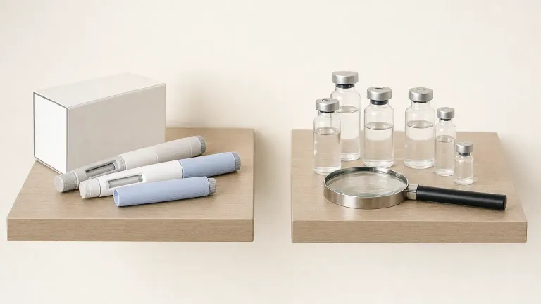Two shelves, one with prescription injection pens and one with unlabeled vials beside a magnifying glass.