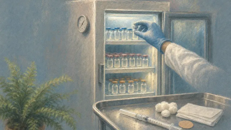 Pastel drawing of an open clinic vaccine fridge with small vials and a tray with a capped syringe.