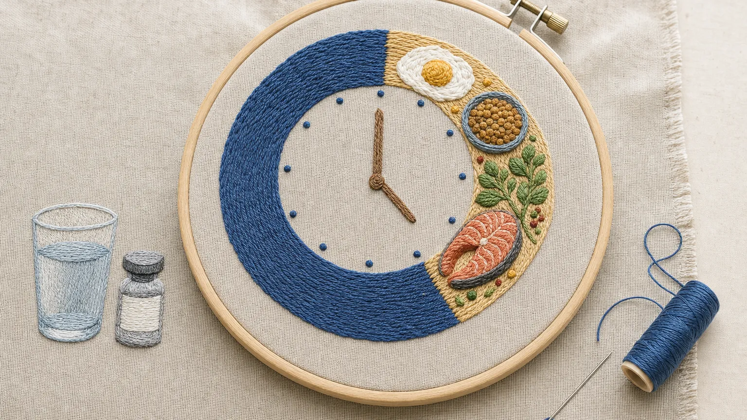 Embroidery hoop showing a stitched clock split into fasting hours and a meal window with food motifs.