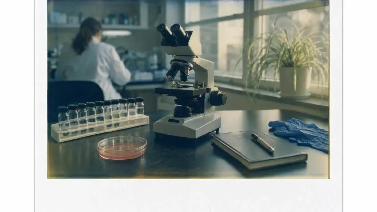 Polaroid-style photo of a lab bench with a microscope, a rack of capped vials and a petri dish.