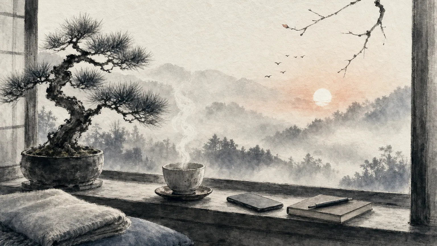 Ink wash painting of a windowsill with tea, a bonsai and a face-down phone as morning sun breaks through mist.