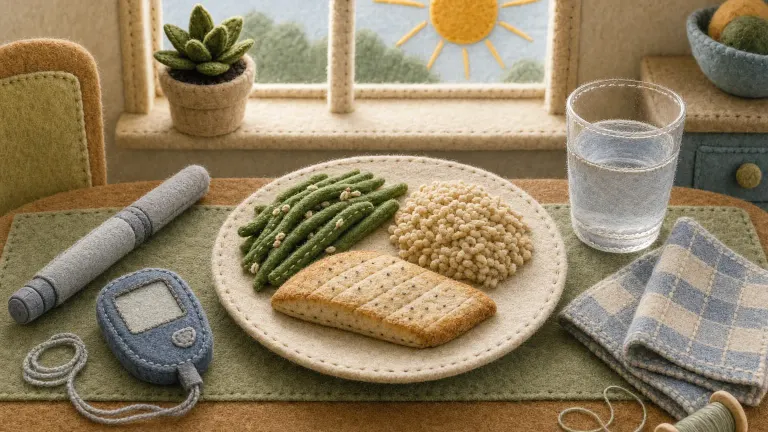 Felt diorama of a kitchen table with a balanced meal, a capped pen and a small glucose meter.