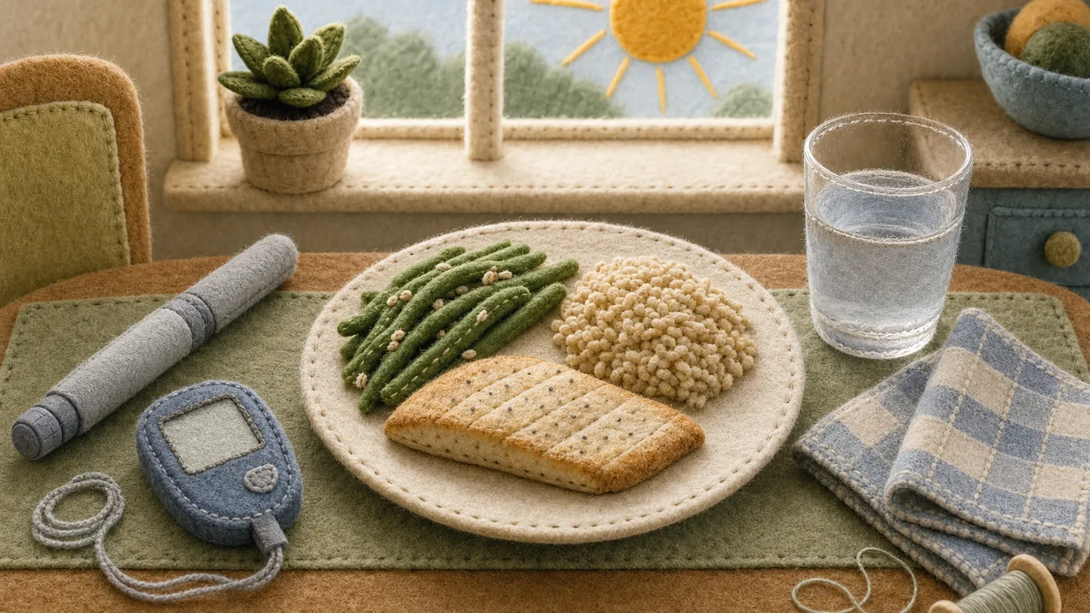 Felt diorama of a kitchen table with a balanced meal, a capped pen and a small glucose meter.